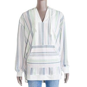 C&C California Striped Colorful White Pullover V Neck Hoodie Coastal Beach Top